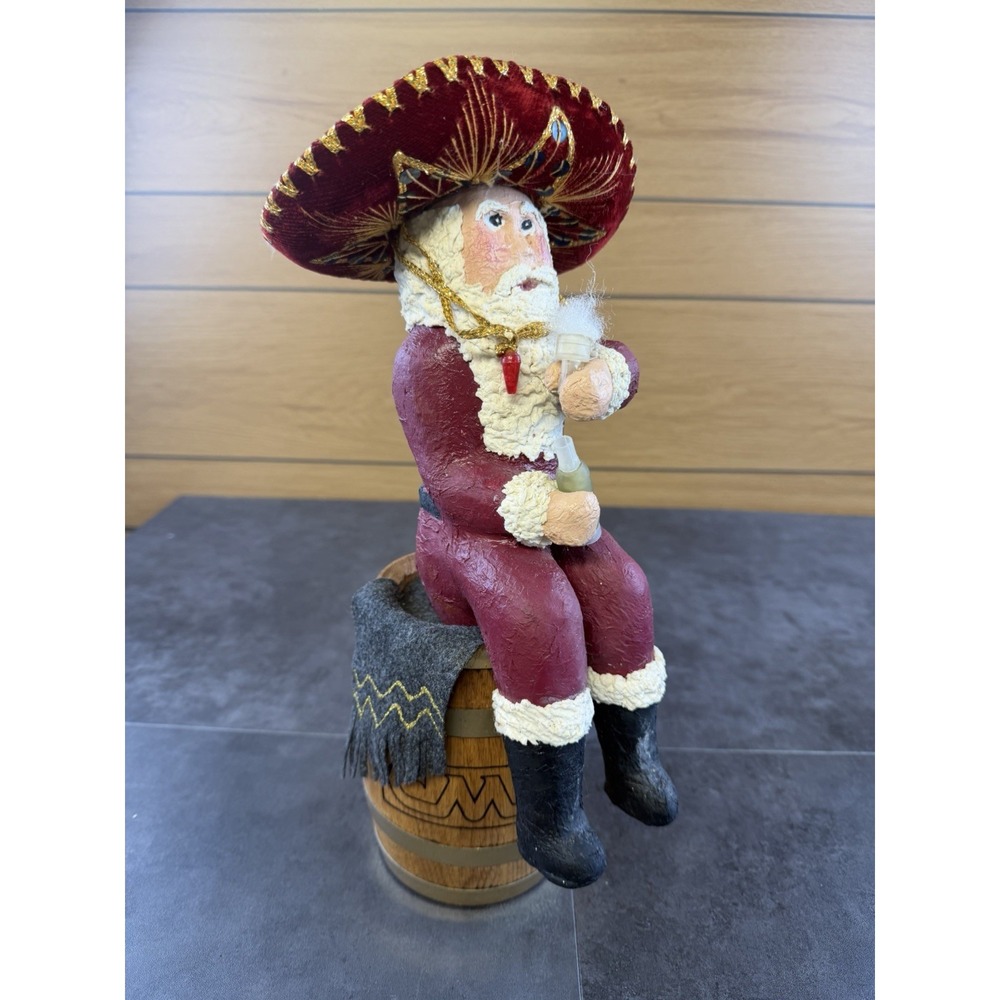 VTG Mexican Paper Mache Santa Clause w/ Sombrero on Wooden Barrel  15 inches